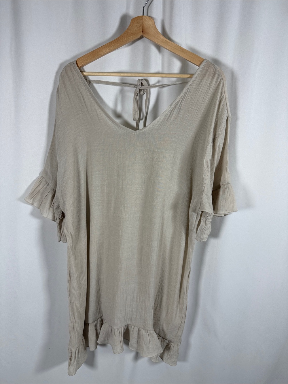 Light Tan Ruffle V‑Neck Swim Coverup with Tie Back